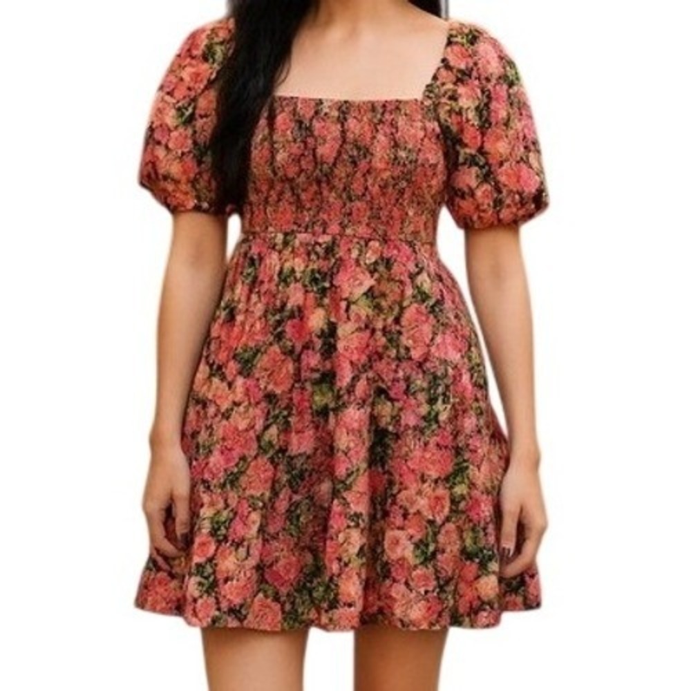 Very J Floral Smocked Mini Dress Pink Orange Square‎ Neck Puff Sleeve Small NEW